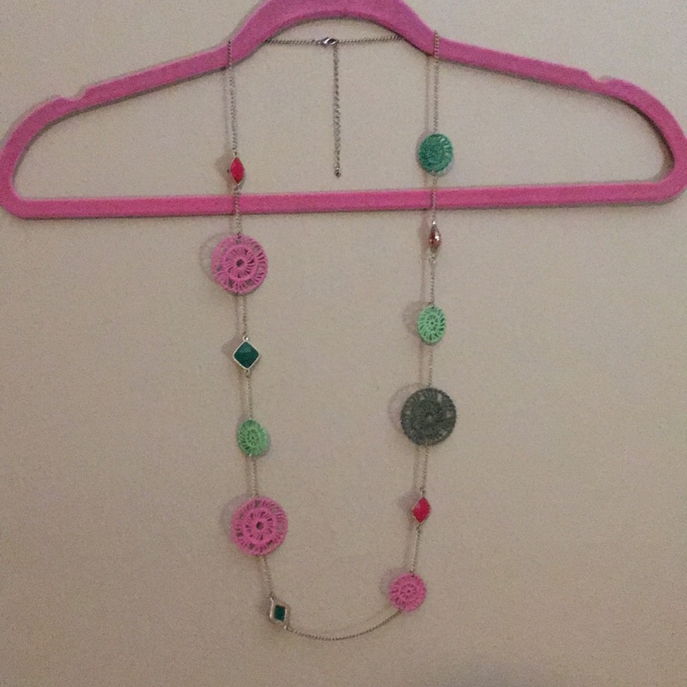 Long green and pink necklace